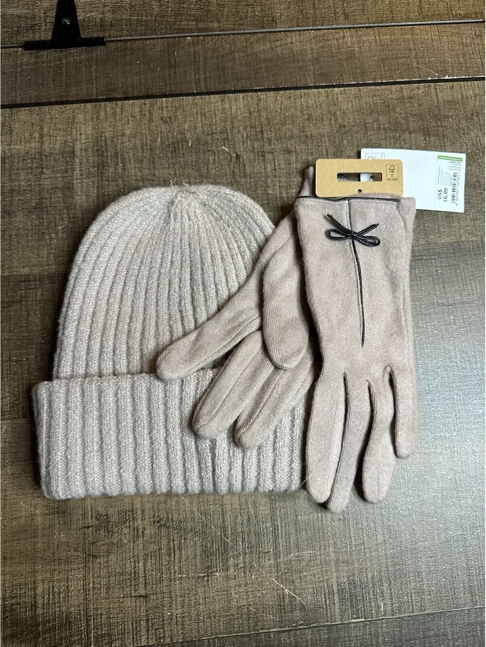 lam Blush Pink Knit Beanie Hat & Gloves Set Metallic Winter NWT One Size